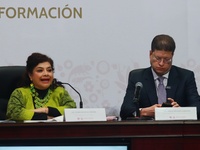 Clara Brugada, Mexico City's head of government, and Pablo Vazquez Camacho, Mexico City's Secretary of Citizen Security, speak about the Bas...