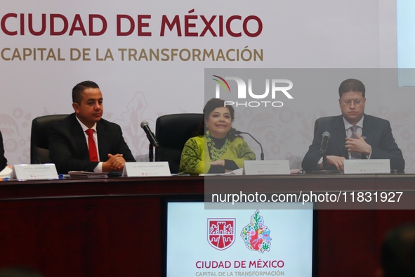 (L-R) Ricardo Janecarlo Lozano, Mayor of the Gustavo A. Madero mayoralty, Clara Brugada, Mexico City head of government, and Pablo Vazquez C...