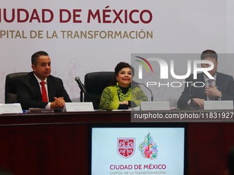 (L-R) Ricardo Janecarlo Lozano, Mayor of the Gustavo A. Madero mayoralty, Clara Brugada, Mexico City head of government, and Pablo Vazquez C...