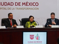 (L-R) Ricardo Janecarlo Lozano, Mayor of the Gustavo A. Madero mayoralty, Clara Brugada, Mexico City head of government, and Pablo Vazquez C...