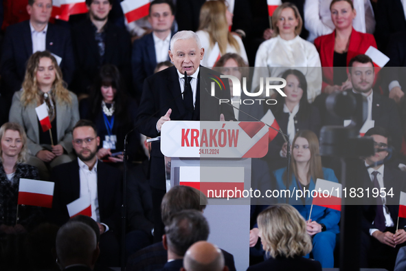 In Krakow, Poland, on November 24, 2024, party president Jaroslaw Kaczynski introduces presidential candidate Karol Nawrocki during the Law...