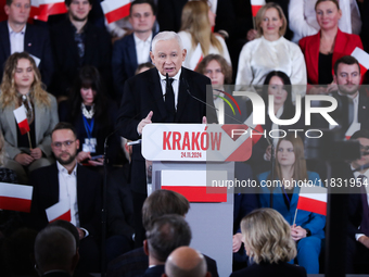 In Krakow, Poland, on November 24, 2024, party president Jaroslaw Kaczynski introduces presidential candidate Karol Nawrocki during the Law...