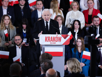 In Krakow, Poland, on November 24, 2024, party president Jaroslaw Kaczynski introduces presidential candidate Karol Nawrocki during the Law...