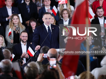 Karol Nawrocki, a Polish historian and president of the Institute of National Remembrance, is presented as the presidential candidate during...