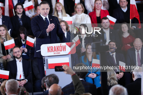 Karol Nawrocki, a Polish historian and president of the Institute of National Remembrance, is presented as the presidential candidate during...