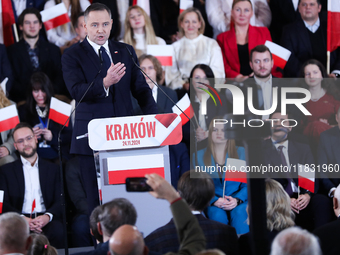 Karol Nawrocki, a Polish historian and president of the Institute of National Remembrance, is presented as the presidential candidate during...