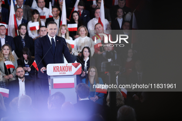 Karol Nawrocki, a Polish historian and president of the Institute of National Remembrance, is presented as the presidential candidate during...