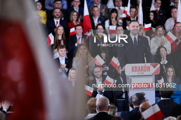 Karol Nawrocki, a Polish historian and president of the Institute of National Remembrance, is presented as the presidential candidate during...