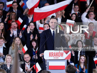 Karol Nawrocki, a Polish historian and president of the Institute of National Remembrance, is presented as the presidential candidate during...