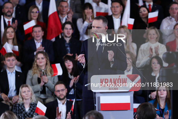 Karol Nawrocki, a Polish historian and president of the Institute of National Remembrance, is presented as the presidential candidate during...