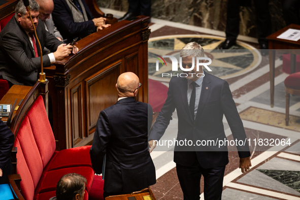 Eric Ciotti, President of the UDR group, and Laurent Wauquiez, President of the Droite Republicaine group, are seen during the questions to...