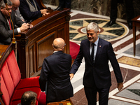 Eric Ciotti, President of the UDR group, and Laurent Wauquiez, President of the Droite Republicaine group, are seen during the questions to...