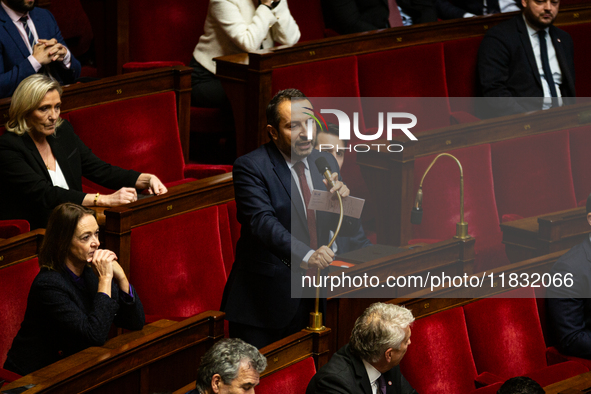 Sebastien Chenu, deputy of the Rassemblement National group, speaks during the questions to the government session at the National Assembly...