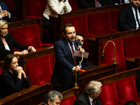 Sebastien Chenu, deputy of the Rassemblement National group, speaks during the questions to the government session at the National Assembly...