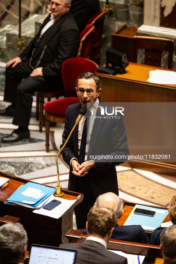 Bruno Retailleau, Minister for the Interior, speaks during the questions to the government session at the National Assembly in Paris, France...