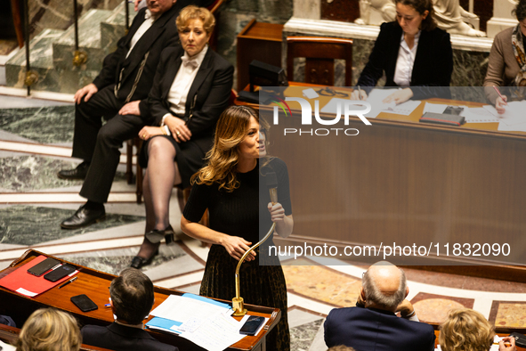 Maud Bregeon, French government spokesperson, speaks during the questions to the government session at the National Assembly in Paris, Franc...