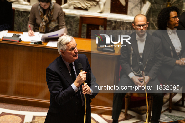 French Prime Minister Michel Barnier speaks during the questions to the government session at the National Assembly in Paris, France, on Mar...