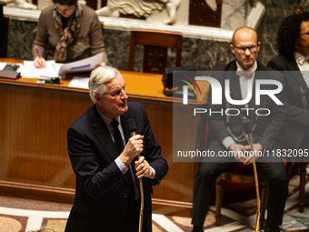 French Prime Minister Michel Barnier speaks during the questions to the government session at the National Assembly in Paris, France, on Mar...