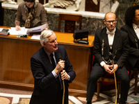 French Prime Minister Michel Barnier speaks during the questions to the government session at the National Assembly in Paris, France, on Mar...