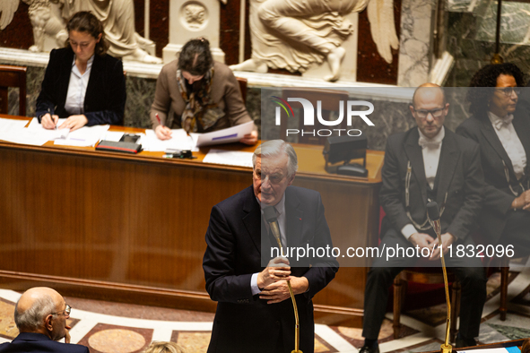 French Prime Minister Michel Barnier speaks during the questions to the government session at the National Assembly in Paris, France, on Mar...