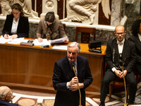 French Prime Minister Michel Barnier speaks during the questions to the government session at the National Assembly in Paris, France, on Mar...