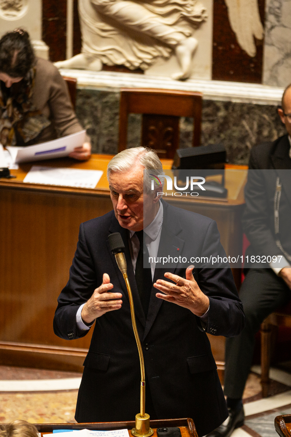 French Prime Minister Michel Barnier speaks during the questions to the government session at the National Assembly in Paris, France, on Mar...