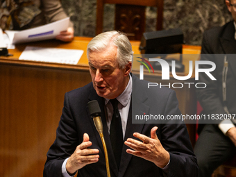 French Prime Minister Michel Barnier speaks during the questions to the government session at the National Assembly in Paris, France, on Mar...