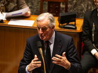 French Prime Minister Michel Barnier speaks during the questions to the government session at the National Assembly in Paris, France, on Mar...