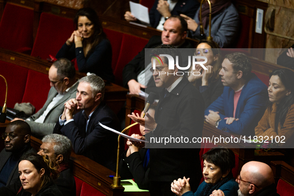 Gabriel Amard, deputy of La France Insoumise, speaks during the questions to the government session at the National Assembly in Paris, Franc...