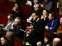 Gabriel Amard, deputy of La France Insoumise, speaks during the questions to the government session at the National Assembly in Paris, Franc...