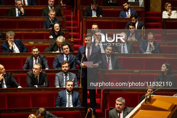 Alexandre Sabatou, deputy of the Rassemblement National group, speaks during the session of questions to the government at the National Asse...