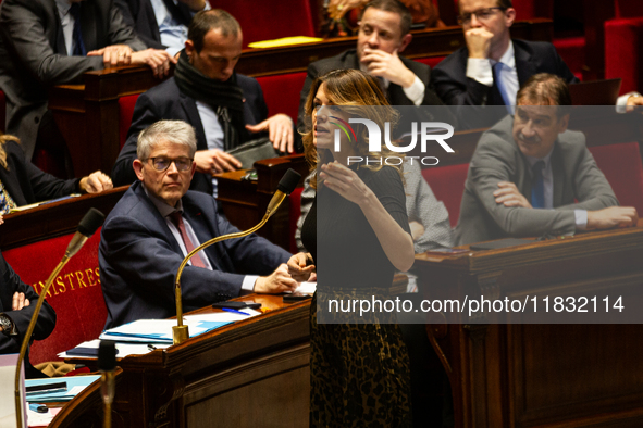 Maud Bregeon, French government spokesperson, speaks during the questions to the government session at the National Assembly in Paris, Franc...