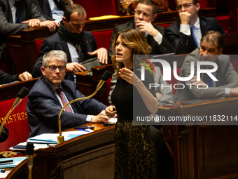 Maud Bregeon, French government spokesperson, speaks during the questions to the government session at the National Assembly in Paris, Franc...