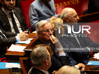 French Prime Minister Michel Barnier is seen during the questions to the government session at the National Assembly in Paris, France, on Ma...