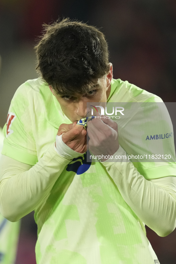 Pau Victor centre-forward of Barcelona and Spain celebrates after scoring his sides first goal during the La Liga match between RCD Mallorca...