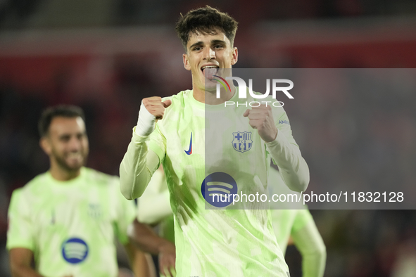 Pau Victor centre-forward of Barcelona and Spain celebrates after scoring his sides first goal during the La Liga match between RCD Mallorca...