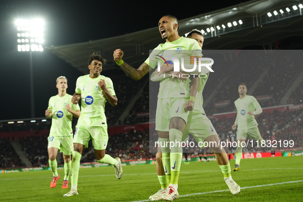 Raphinha right winger of Barcelona and Brazil celebrates after scoring his sides first goal during the La Liga match between RCD Mallorca an...