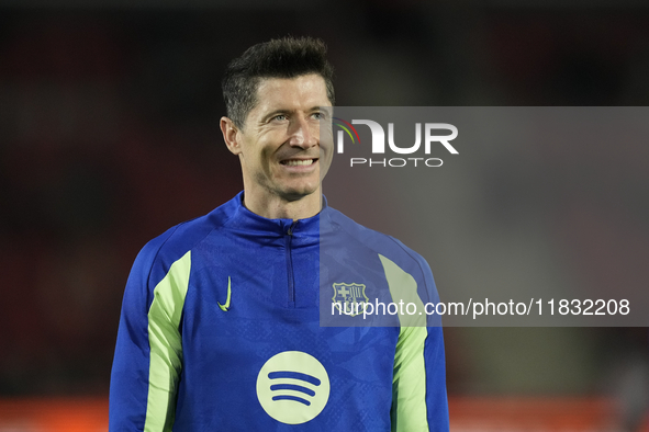 Robert Lewandowski centre-forward of Barcelona and Poland during the warm-up before the La Liga match between RCD Mallorca and FC Barcelona...