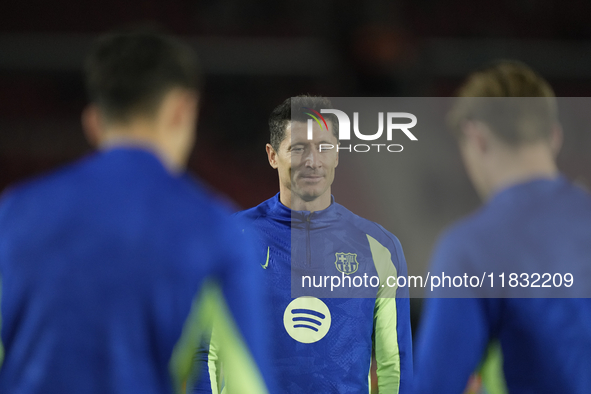 Robert Lewandowski centre-forward of Barcelona and Poland during the warm-up before the La Liga match between RCD Mallorca and FC Barcelona...