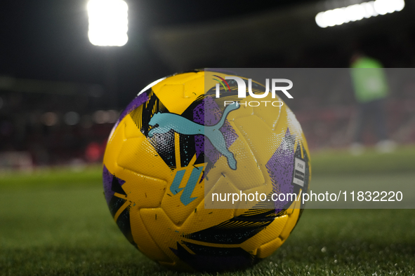 Match ball during the La Liga match between RCD Mallorca and FC Barcelona at Estadi de Son Moix on December 3, 2024 in Mallorca, Spain.  