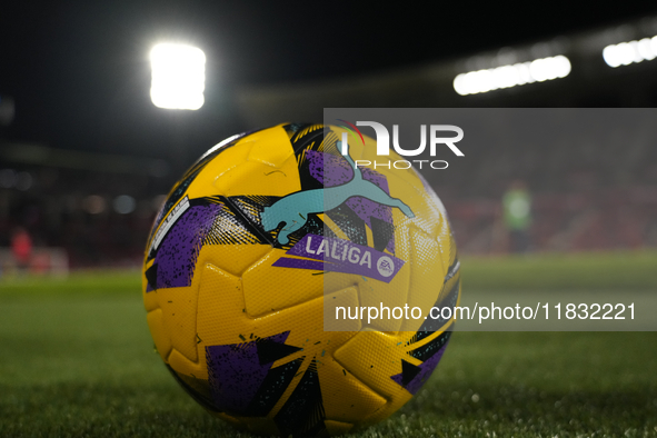 Match ball during the La Liga match between RCD Mallorca and FC Barcelona at Estadi de Son Moix on December 3, 2024 in Mallorca, Spain.  