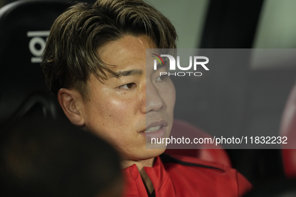 Takuma Asano right winger of Mallorca and Japan sitting on the bench during the La Liga match between RCD Mallorca and FC Barcelona at Estad...