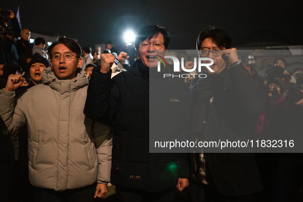 Hundreds of citizens gather in front of the National Assembly in Seoul, South Korea, on December 4, 2024, demanding the repeal of the martia...