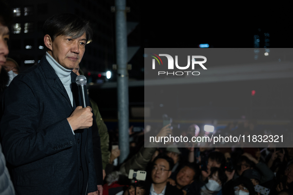 Cho Kuk, the leader of the Rebuilding Korea Party, stands in front of the National Assembly to address citizens about the emergency martial...