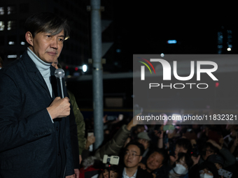 Cho Kuk, the leader of the Rebuilding Korea Party, stands in front of the National Assembly to address citizens about the emergency martial...