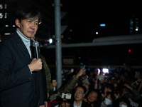 Cho Kuk, the leader of the Rebuilding Korea Party, stands in front of the National Assembly to address citizens about the emergency martial...