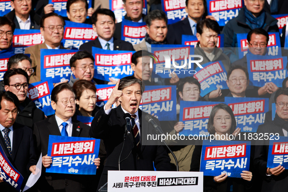 Cho Kuk, the leader of the Rebuilding Korea Party, delivers a speech at an opposition coalition rally in front of the National Assembly in Y...