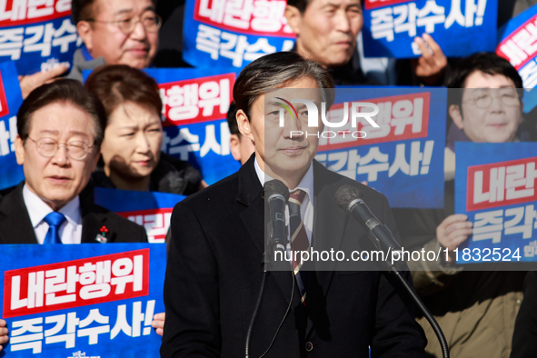 Cho Kuk, the leader of the Rebuilding Korea Party, delivers a speech at an opposition coalition rally in front of the National Assembly in Y...