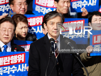 Cho Kuk, the leader of the Rebuilding Korea Party, delivers a speech at an opposition coalition rally in front of the National Assembly in Y...