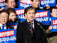 Cho Kuk, the leader of the Rebuilding Korea Party, delivers a speech at an opposition coalition rally in front of the National Assembly in Y...